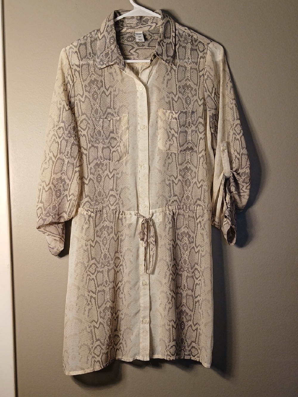 Sheer Grey And Tan Snakeskin Print Button-Front Tunic Shirtdress S/P NWOT